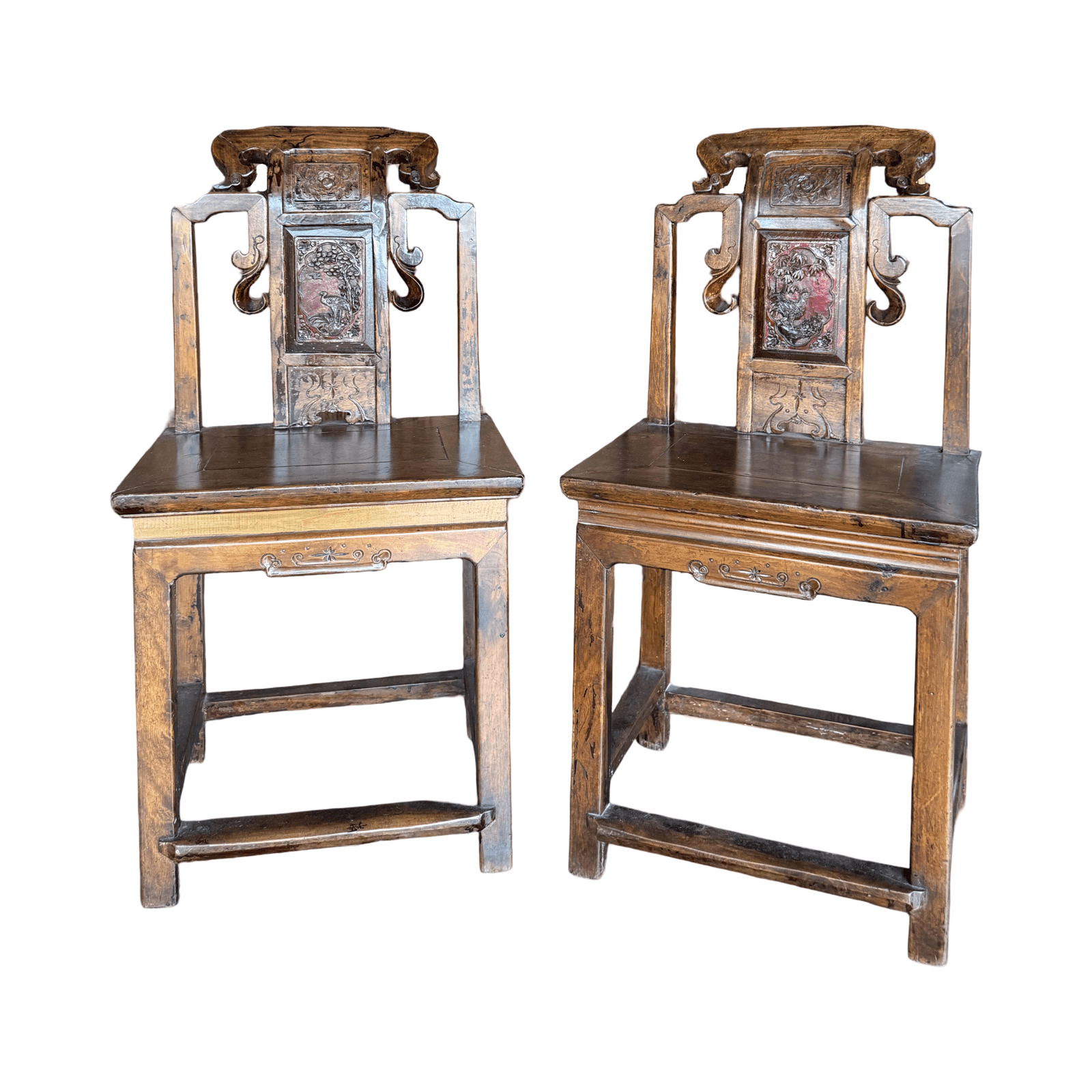 A pair of carved Chinese antique ladies chairs from Zhejiang