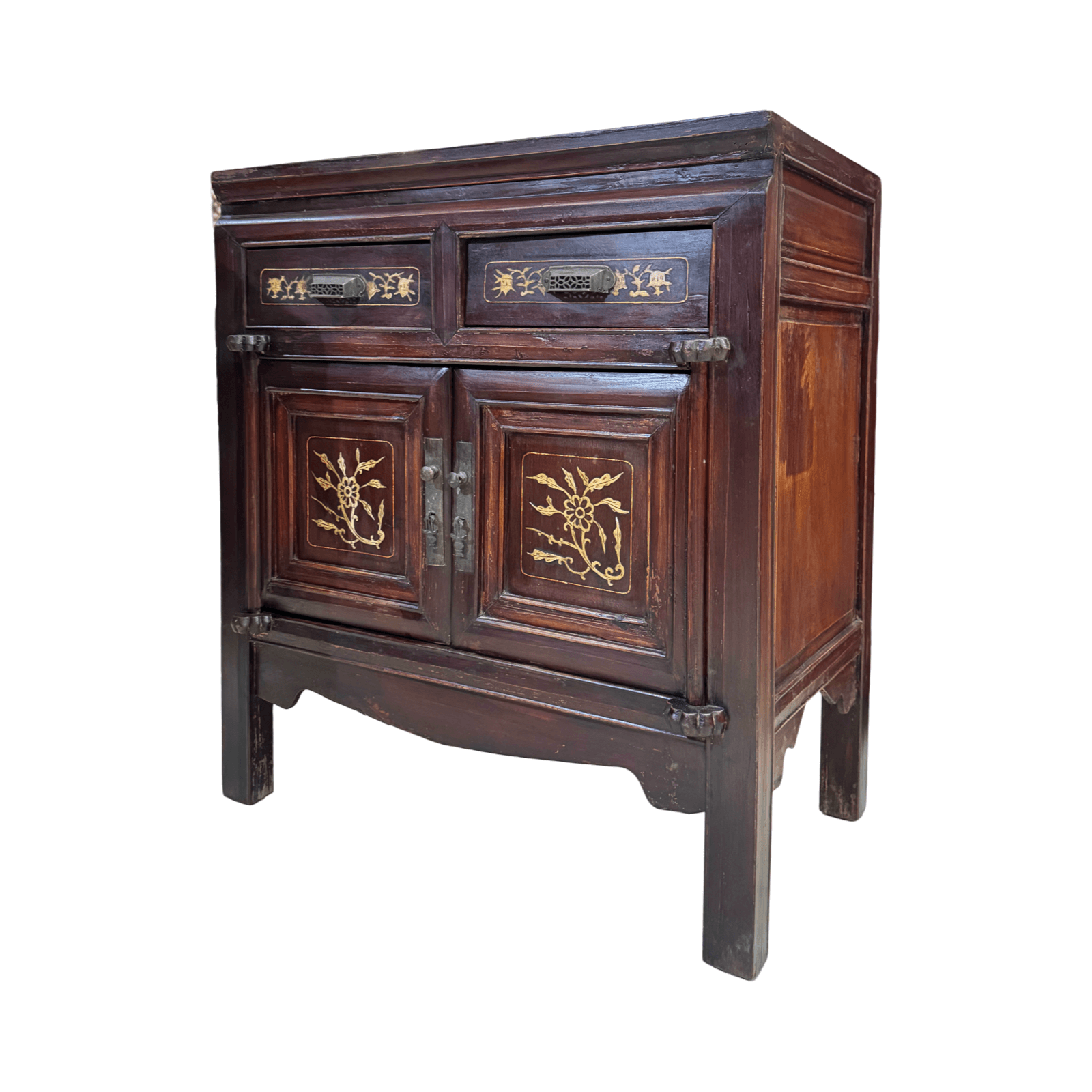 Chinese vintage cabinet with bone inlaid designs on the drawers and doors
