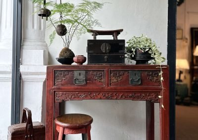 Chinese antique red table with two carved drawers