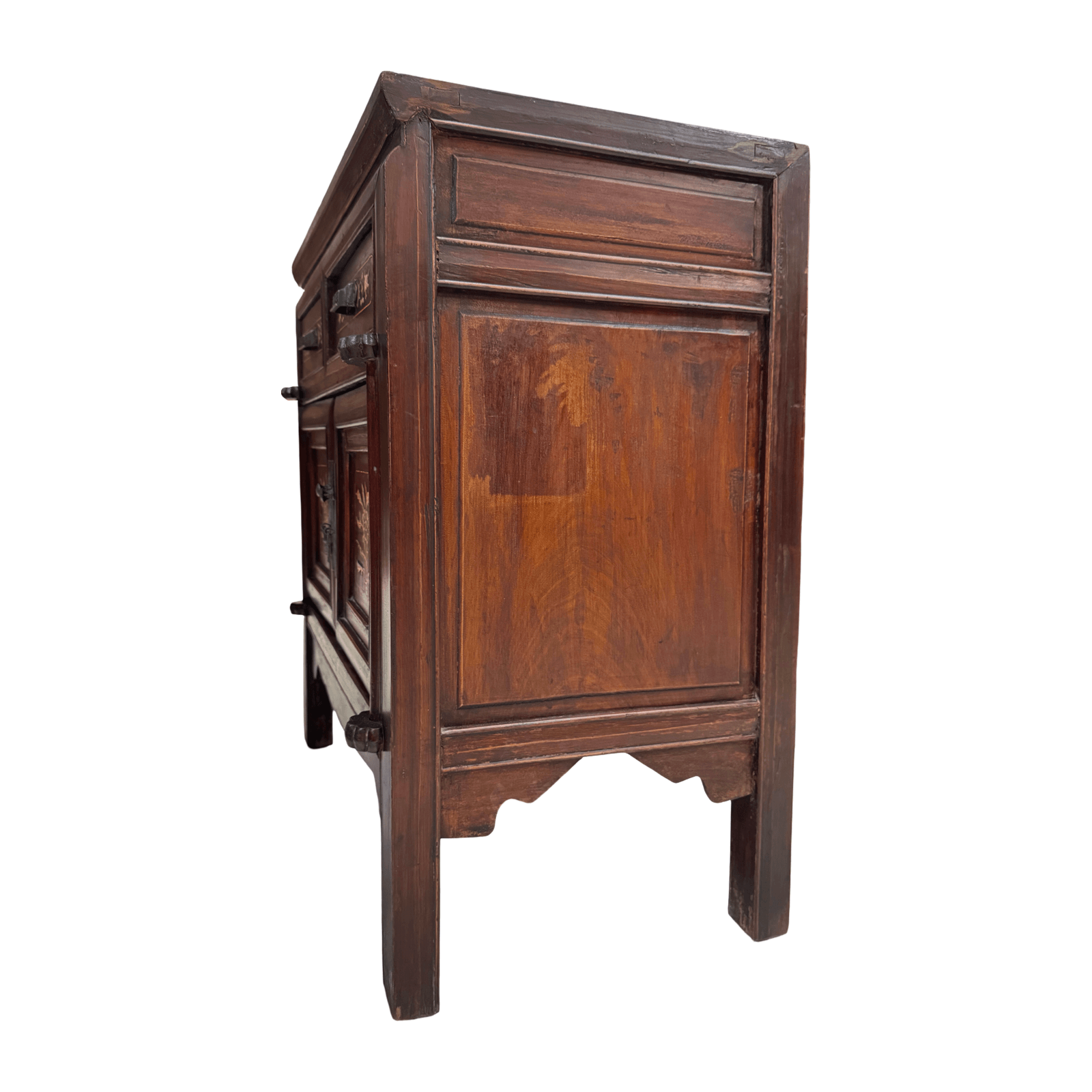 Side view of Chinese vintage cabinet with bone inlaid designs on the drawers and doors