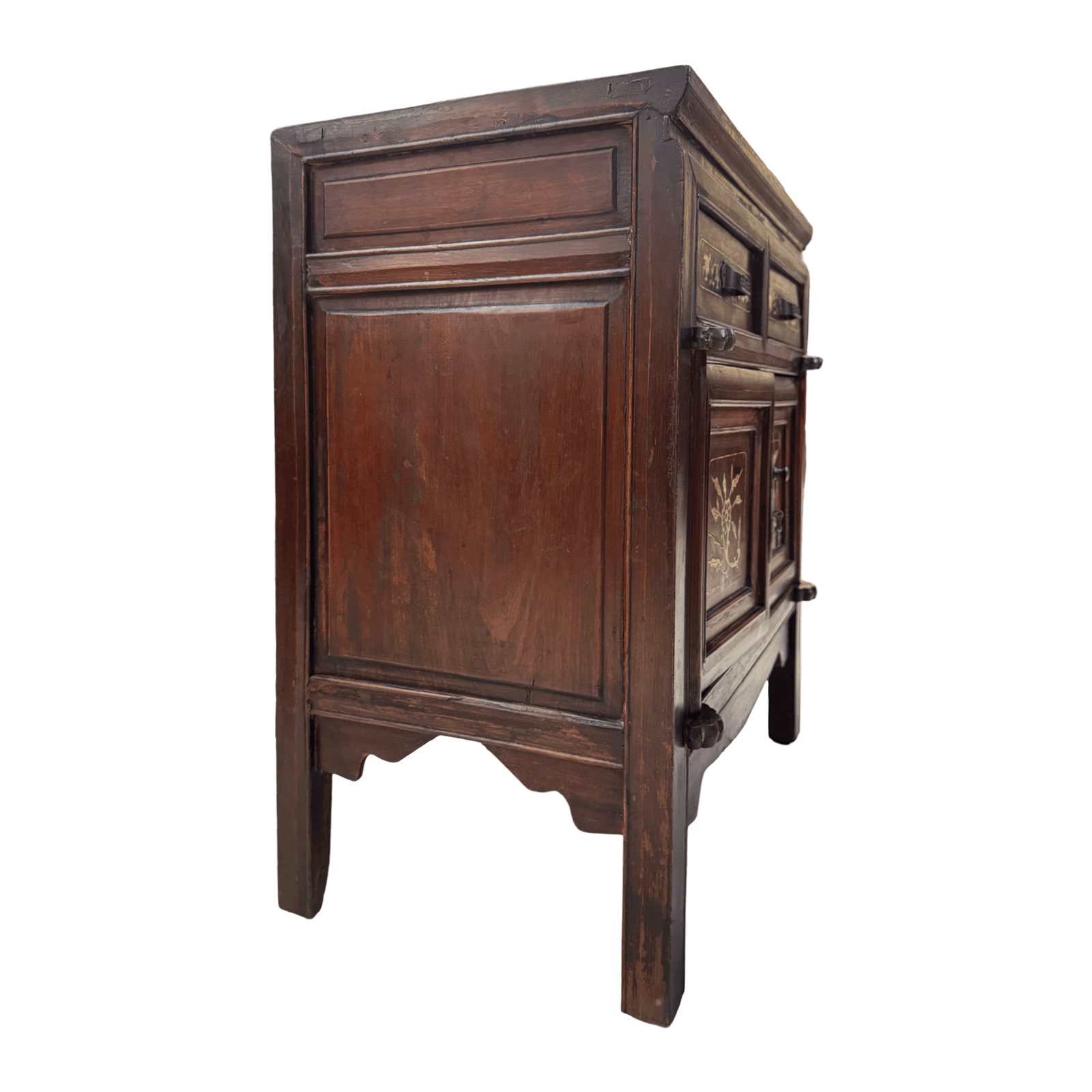 Side view of Chinese vintage cabinet with bone inlaid designs on the drawers and doors