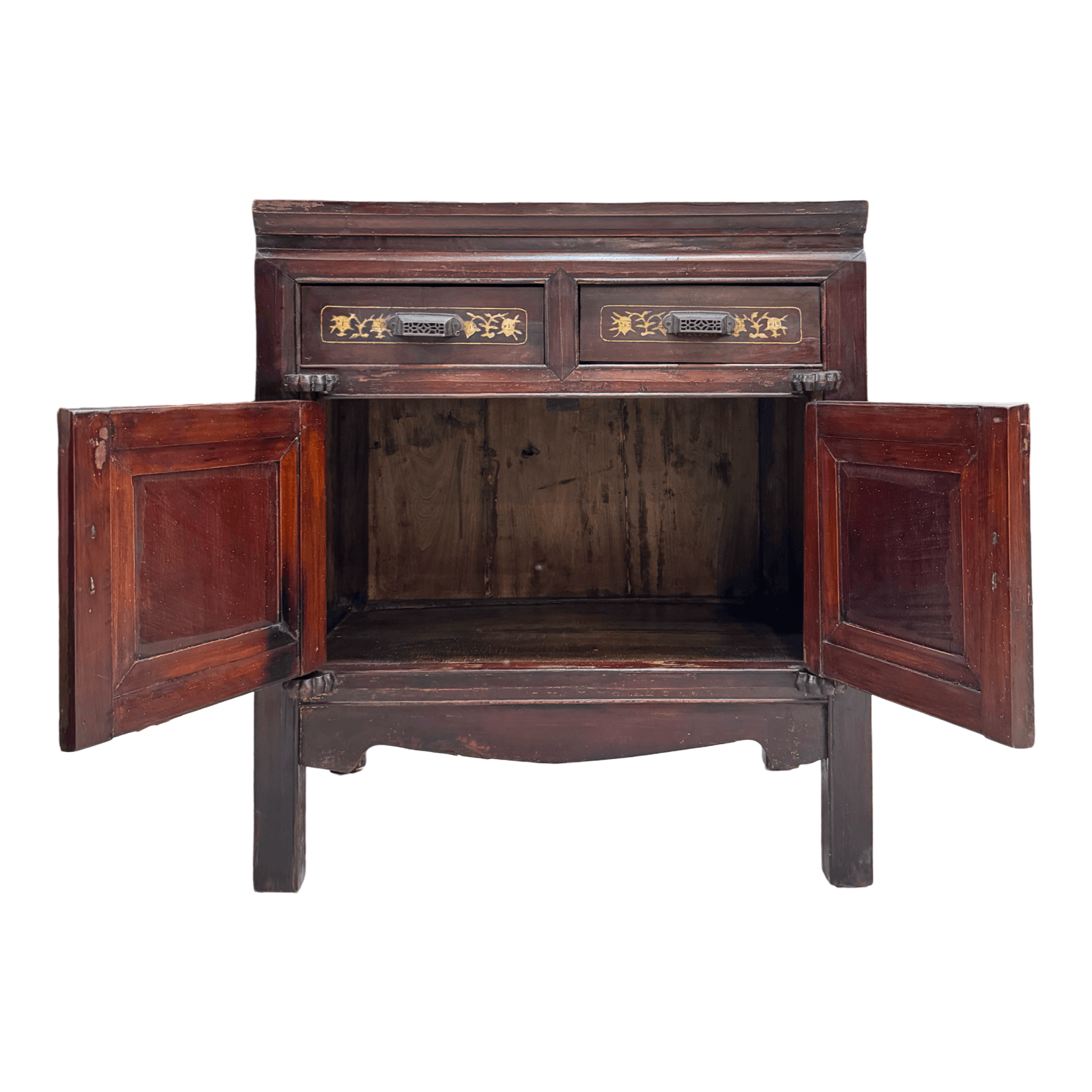 Inside of Chinese vintage cabinet with bone inlaid designs on the drawers and doors