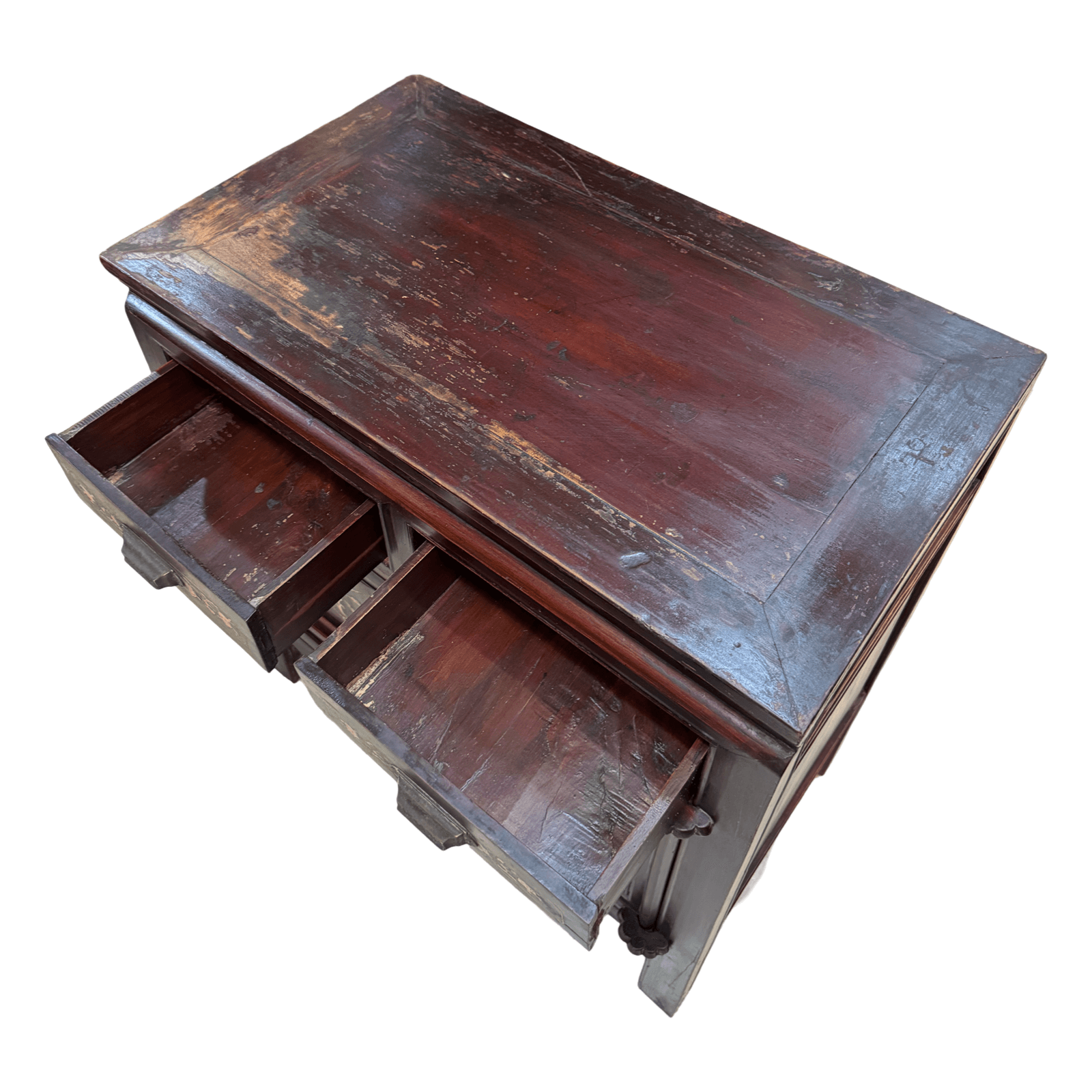 Top view of Chinese vintage cabinet with bone inlaid designs on the drawers and doors