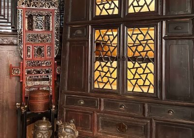 Chinese antique tall tapered cabinet with cracked ice lattice pattern on the doors, original colour