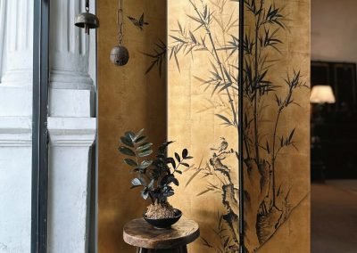 3-panel hand-painted foldable screen in gold with black painted bamboo, Chinese ink style