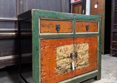 Chinese vintage Gansu cabinet in green & orange