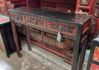 Chinese antique small & slim black & red Fujian carved table