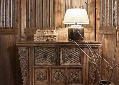 Chinese antique cabinet table from Shandong with carving, in beautiful original wood colour