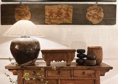 Chinese antique wall wood paintings and 3-drawer table