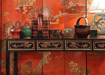 Chinese antique black slim painted table and a new 6-panel room divider