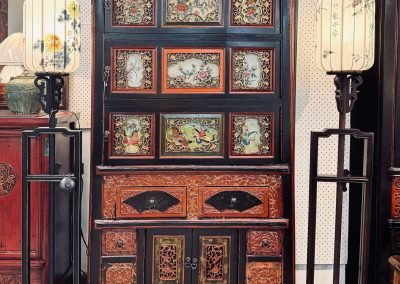 Chinese antique black & red cabinet with painted glass from Fujian