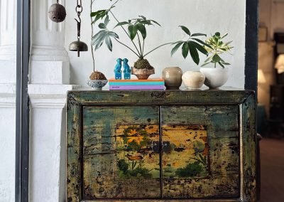 Chinese antique distressed aqua painted small cabinet