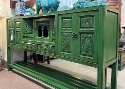 Chinese vintage long slim carved green console