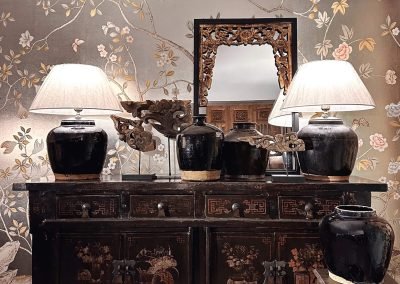 Chinese antique black lacquer sideboard with gold gilt mirror frame