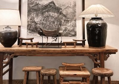 Chinese antique Elmwood large painter's table, rustic stools and old pot table lamps