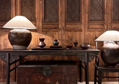 Chinese antique large painter's table, a set of 8 tall Chinese antique fujian door panels and large table lamps