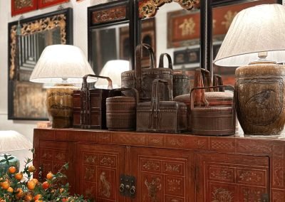 Chinese antique furniture and decor accessories like baskets, mirrors and lamps