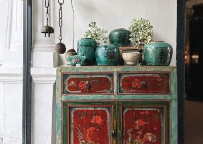 Chinese vintage Gansu painted cabinet in turquoise & red