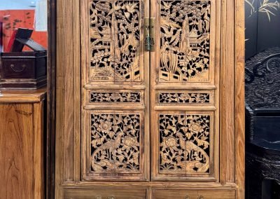 Chinese tapered cabinet with beautiful old carvings as doors - wood finish