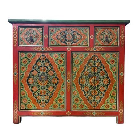 Hand-painted Tibetan-style cabinet in burnt orange and red & green