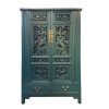 Tapered cabinet with vintage chinese carvings, finished in sea green colour