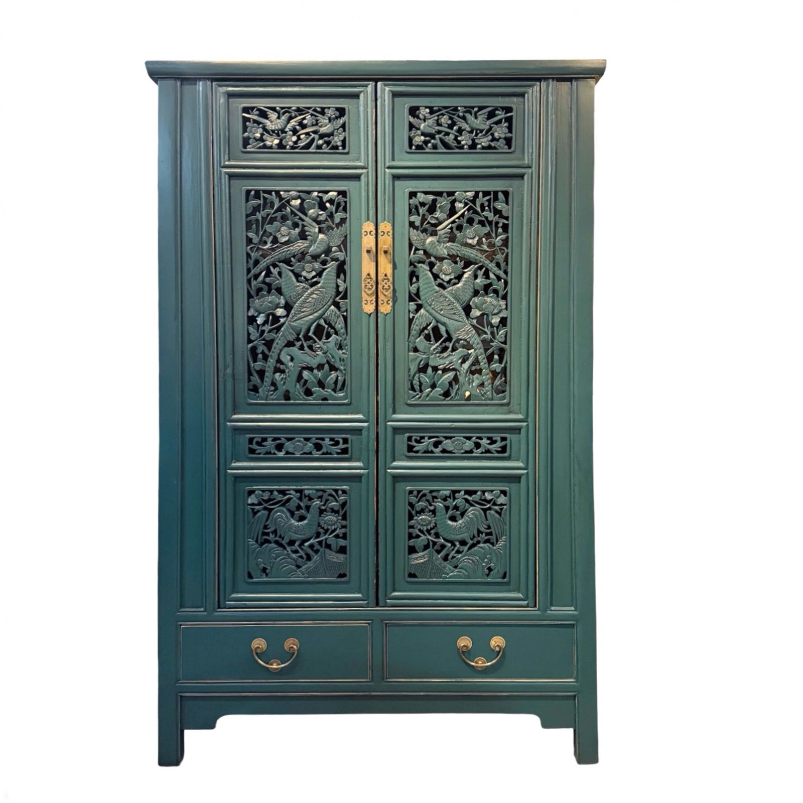 Tapered cabinet with vintage chinese carvings, finished in sea green colour