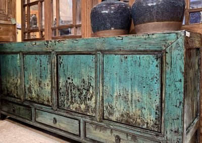 Chinese antique long sideboard in distressed aqua