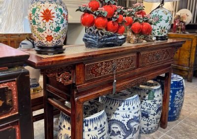 Chinese antique furniture carved console table with rattan top