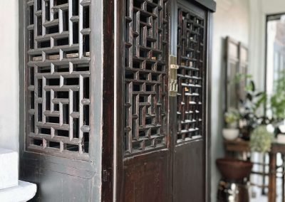 Chinese antique furniture Zhejiang dark cabinet with lattice front and sides