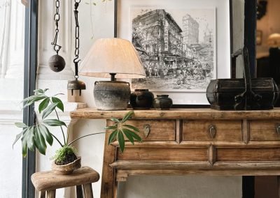 Chinese vintage furniture, a light brown table with 3-drawers from the Subei region. The table has tapered legs