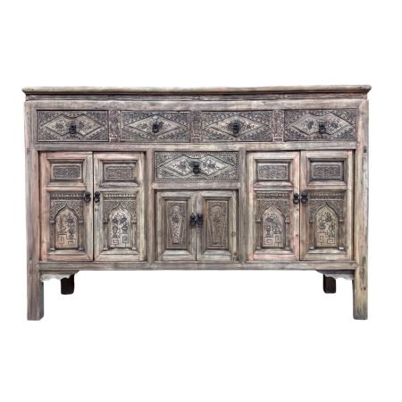 Chinese vintage furniture light brown Fujian sideboard with intricate carvings