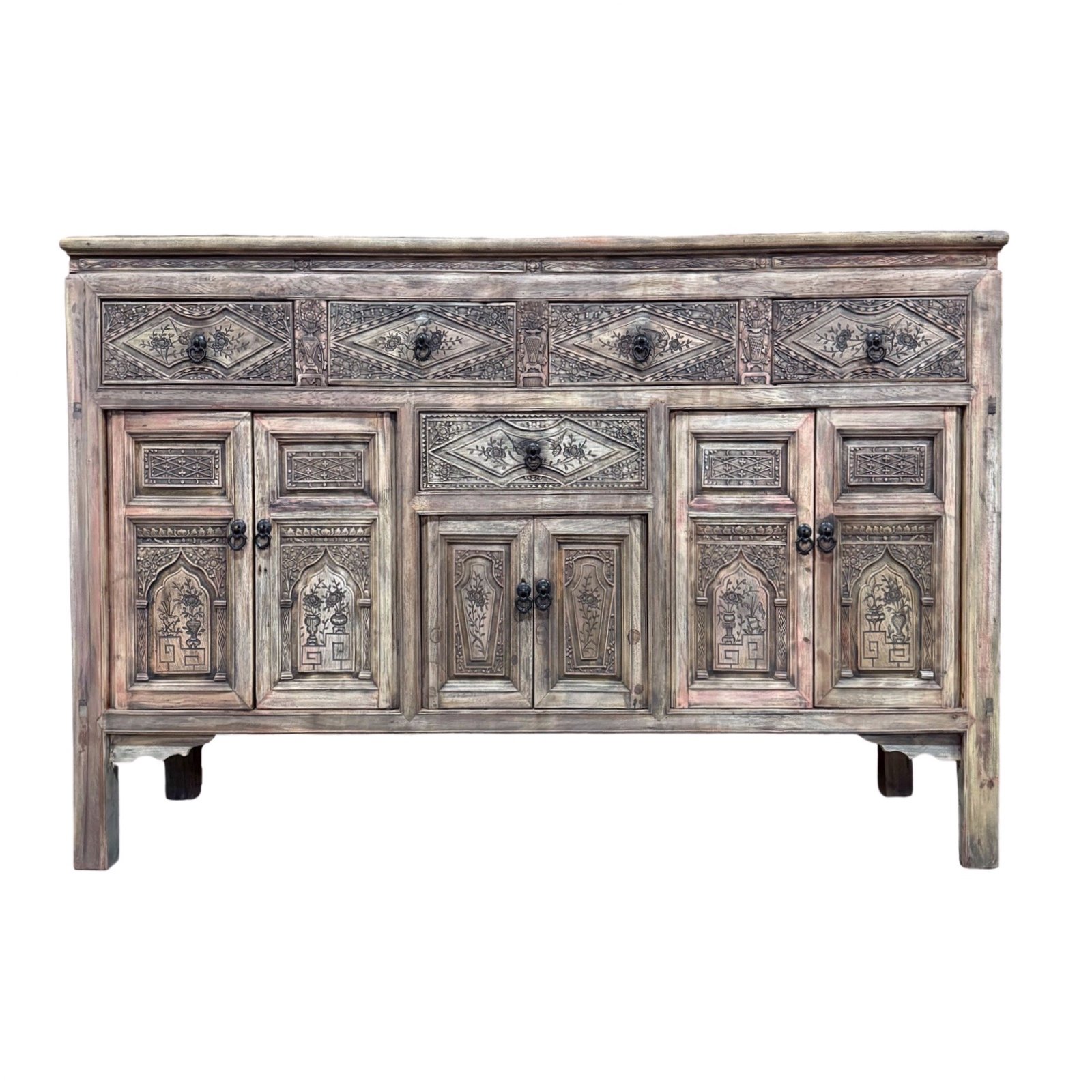 Chinese vintage furniture light brown Fujian sideboard with intricate carvings