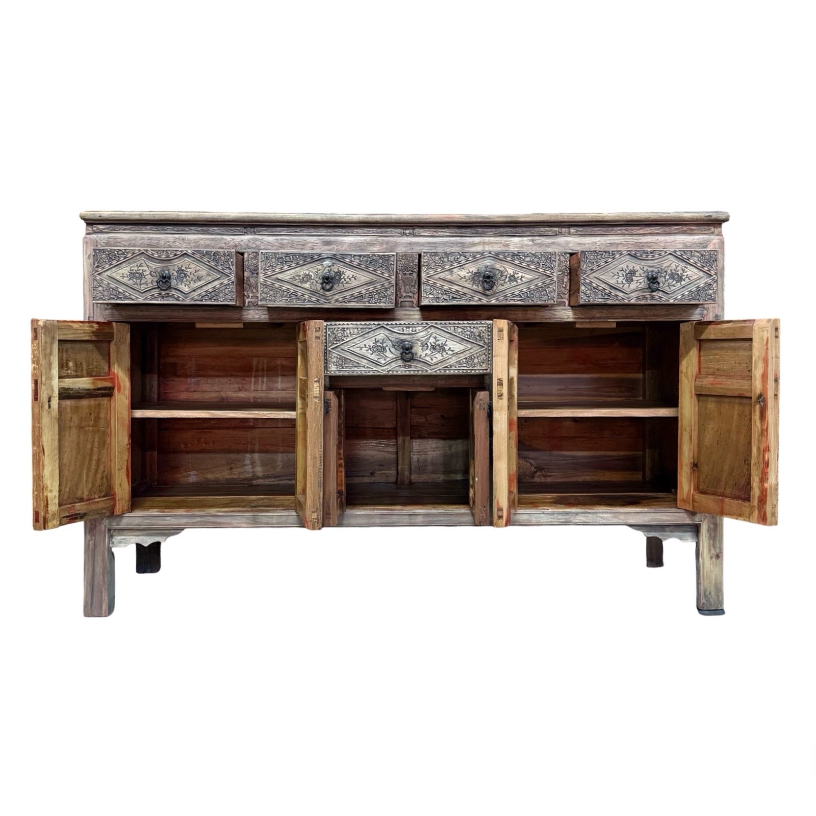 inside of Chinese vintage furniture light brown Fujian sideboard with intricate carvings