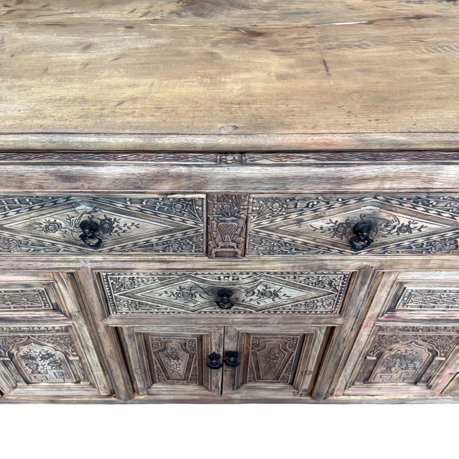 Chinese vintage furniture light brown Fujian sideboard with intricate carvings
