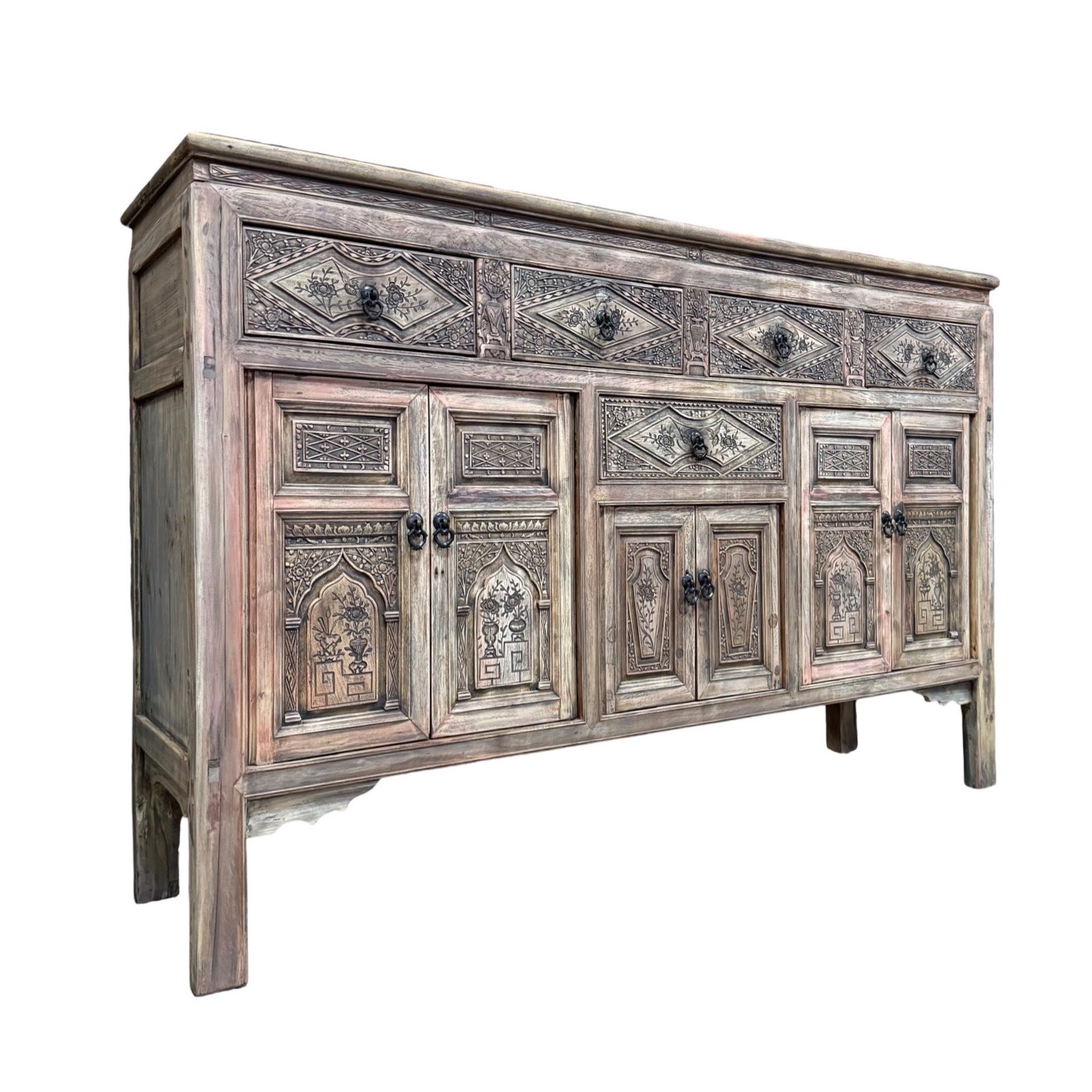 Chinese vintage furniture light brown Fujian sideboard with intricate carvings