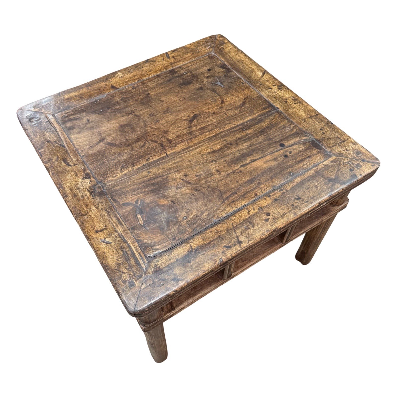 Chinese antique furniture, a low square table with round legs from Shanxi province, with beautiful warm, brown tone and original patina