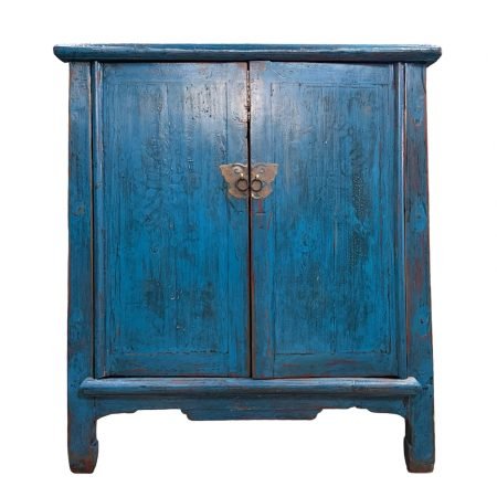 Chinese vintage furniture blue small tapered cabinet with butterfly handles