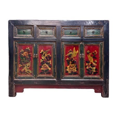 Chinese vintage furniture, black sideboard with green & red colours and flower paintings