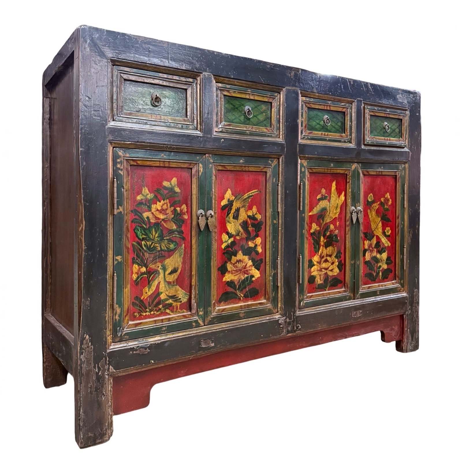Chinese vintage furniture, black sideboard with green & red colours and flower paintings