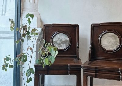 Chinese vintage furniture, a pair of chairs with round marble at the backing