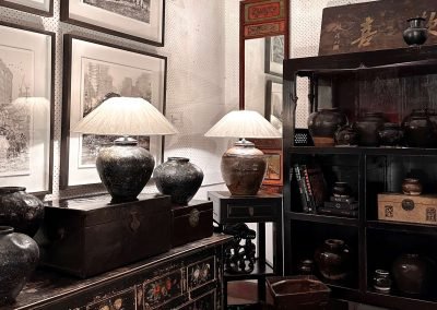 Chinese antique furniture, black lacquered sideboard with painting and display cabinet