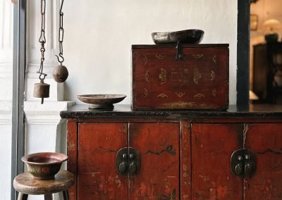 Chinese antique furniture, red lacquered sideboard with a red painted box on top