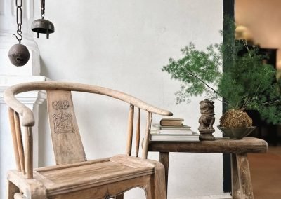 Chinese antique furniture, light brown armchair and a weathered elmwood stool