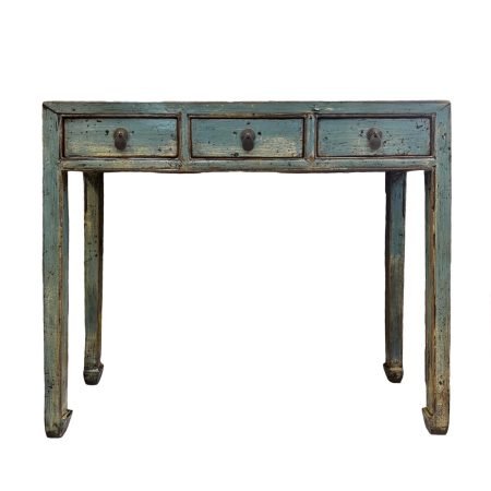 Distressed Aqua Table with 3 Drawers