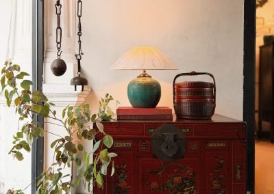 Chinese antique painted red trunk with colourful paintings with auspicious motifs