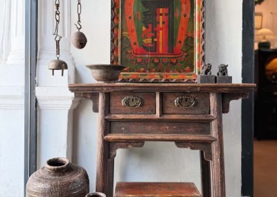 Chinese antique table and Tibetan vintage painted thangka on wood