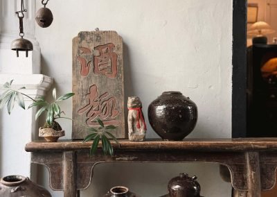 Chinese antique long bench, vintage small pots and vintage tavern sign