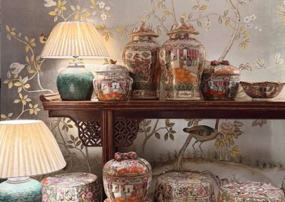 Chinese antique long console table with famille rose porcelain