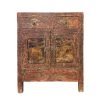Antique Mongolian cabinet with original red and black lacquer and hand painted landscape panels