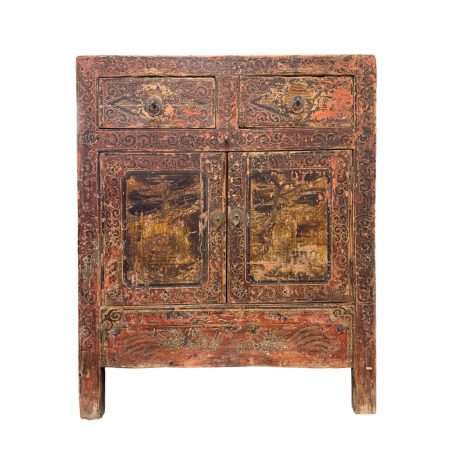 Antique Mongolian cabinet with original red and black lacquer and hand painted landscape panels